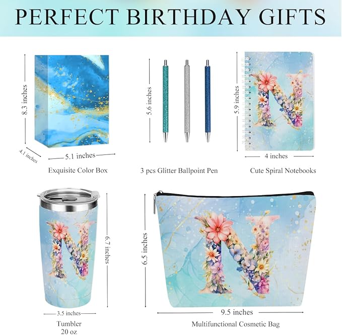 Personalized Gifts Monogrammed Birthday Gifts for Women, Colleague, Female Farewell Christmas, Initial 20 oz Tumbler, Makeup Cosmetic Bag Cup Pens Journal Notebook 6 Set, (Aesthetic Blue Flower N)