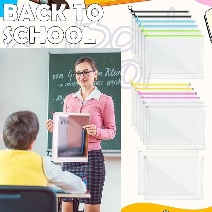 Yexiya 30 Pcs Back to School Clear Plastic Zip Envelope A4 Zipper Document Folder 13 x 9.7In File Folder Expanding Envelope Pouch for Paper Pencil Storage Office Supplies (Stylish Colors)