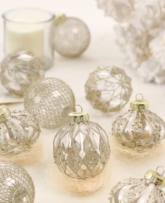 12 PCS Clear and Champagne Christmas Ball Ornaments, 80mm/3.15 Inches Rustic Farmhouse Christmas Decorations, Large Shatterproof Luxury Hand-Painted Xmas Ornaments for Christmas Tree, Wedding