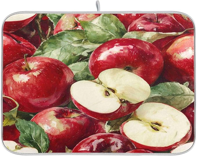 Leaves Red Apples Dish Drying Mat 18 X 24 Inch Natural Fresh Fruits Dry Dishes Pads Tableware Mats Absorbent Microfiber Protector for Kitchen Countertops Counter Home Decorations