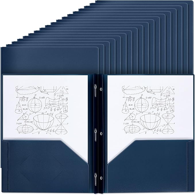 Yeaqee 30 Pcs Plastic Folders with Pockets and Prong Plastic Folders with 2 Pockets Pocket for Office, School for Students, Teachers, Office Workers (Navy Blue)