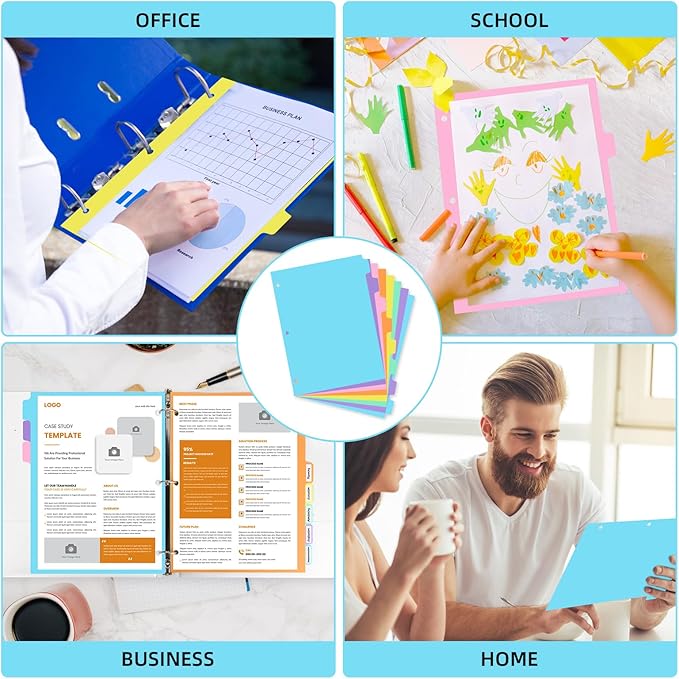 3 Ring Binder Dividers with TAB,48PCS/6 Set Plastic File Dividers,8 Tab 3 Hole Punch Dividers,Pastel Color,Letter Size,6 Sets