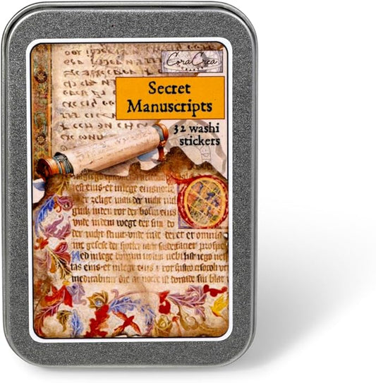 Vintage Journal Stickers with Tin Box, Unique Washi Stickers for Adults, Teens, and Kids (Secret Manuscripts)