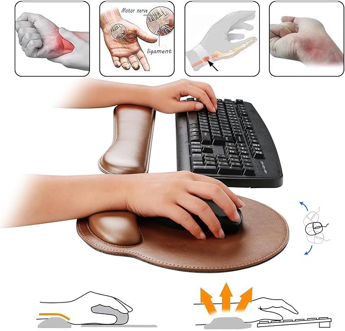RICHEN Ergonomic PU Leather Keyboard Wrist Rest and Mouse Pad with Wrist Support, Memory Foam Set for Computer/Laptop,Gaming and Office, Comfortable for Easy Typing & Pain Relief (PU Brown)