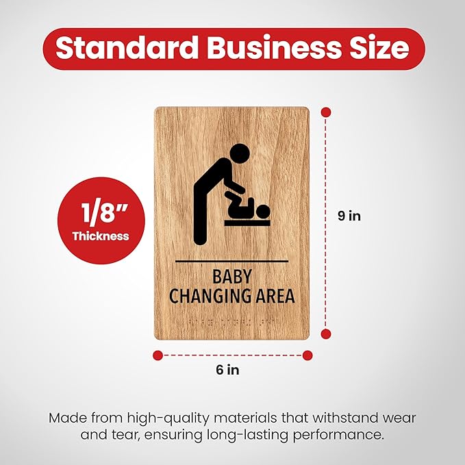 Promot Baby Changing Area Restroom Sign – ADA Braille Bathroom Sign for Business, Self-Adhesive, 9" x 6", Commercial Door Signage, Office Wall Decor - Oak