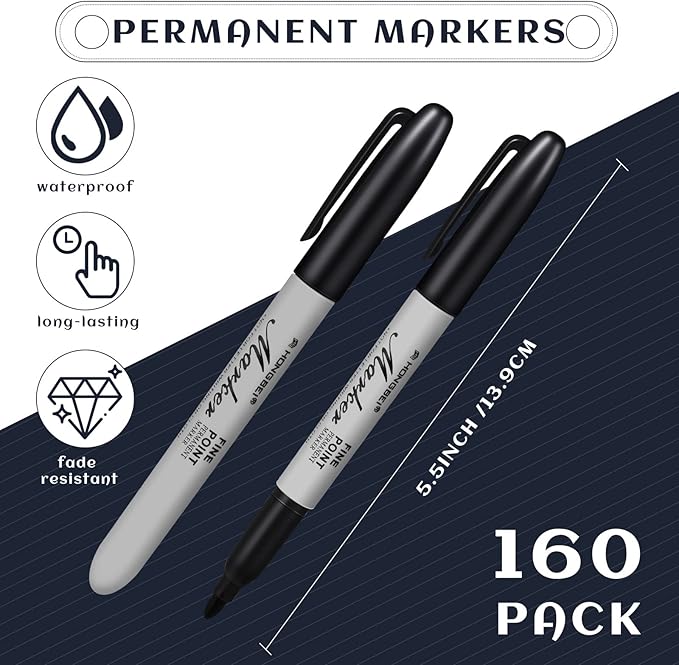 Thenshop 160 Pack Permanent Markers Bulk Black Permanent Marker Set Fine Point Pens Work on Wood, Metal, Stone, Glass