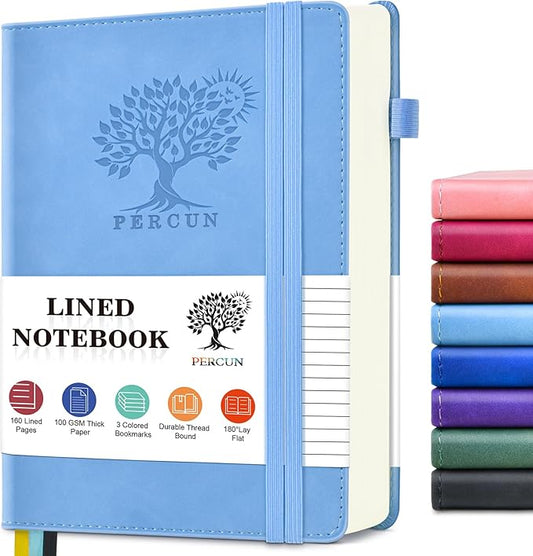 PERCUN Lined Journal Notebook for Men & Women, 160 Pages College Ruled Journal for Writing, A5 Hardcover Leather Notebooks for Work, School, Business, Travel, Daily Diary 5.9" x 8.5" - Blue