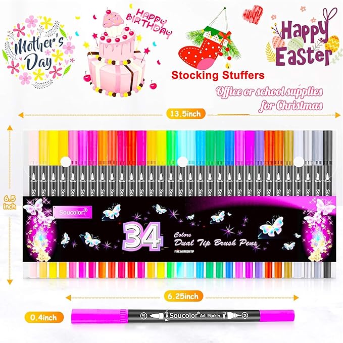Soucolor Art Brush Markers Pens for Adult Coloring Books, 36 Colors Numbered Dual Tip (Brush and Fine Point) Marker Pen for Kids Note taking Planner Hand Lettering Calligraphy Drawing Journaling
