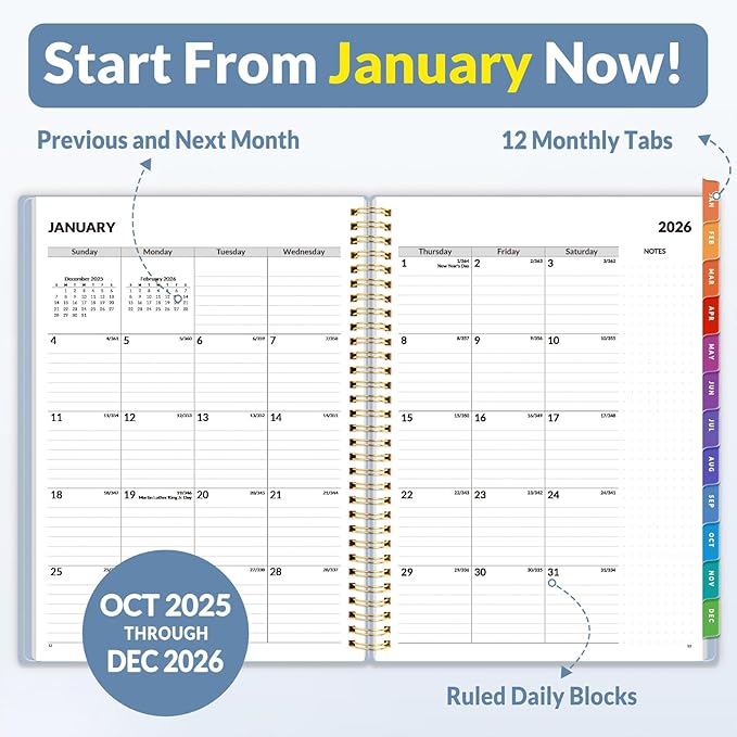 SUNEE 2026 Weekly and Monthly Planner - from January 2026 - December 2026, 8.5"x11" Daily Agenda Planner with Monthly Tab, Flexible Cover, Note Pages, Pockets, Bookmark, Spiral Binding, Gray Blue
