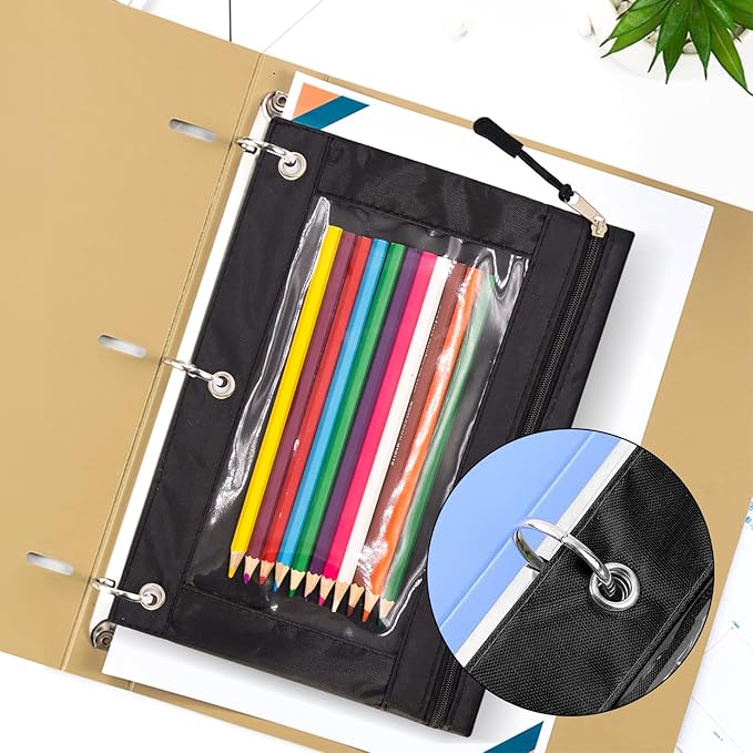 DoDoMagxanadu Binder Pencil Pouches, Pencil Pouch 3 Ring with Zipper Pulls, Clear Window Pencil Case with Rivet Enforced 3 Ring, Black 5 Pack