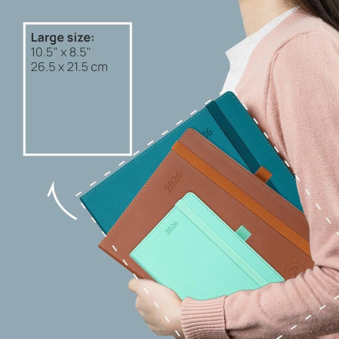 POPRUN 2026 Planner (Large - 8.5'' x 10.5'') - 2026 Weekly Calendar (Jan. 2026 - Dec. 2026) with Hourly Time Slots, Weekly/Monthly Appointment Book for Time Management - Leather Soft Cover - Green