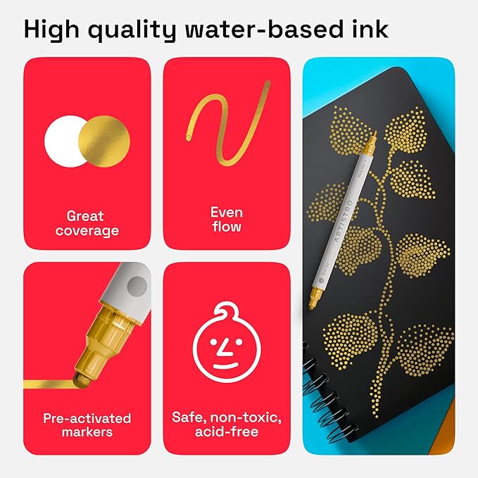 ARTISTRO 2 Gold Dual-Tip Acrylic Paint Pens - Multisurface Markers for Fabric, Plastic, & More, 5mm Dot + 1mm Fine Tips