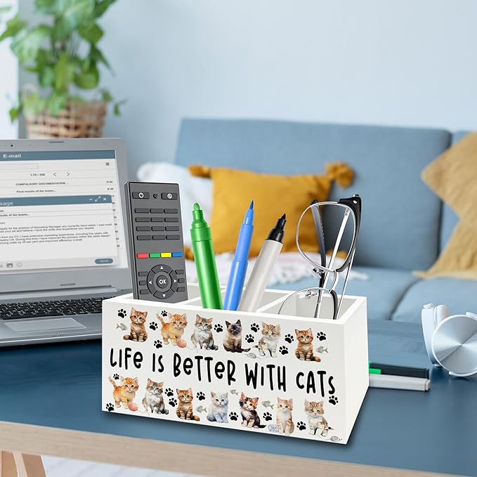Cat Pen Pencil Holder Organizer for Desk, Cat Lovers Mom Lady Gifts for Women, Life Is Better with Cats Wooden Box Signs Decorations for Home Office Desk Tabletop, Gifts for Pet Lovers