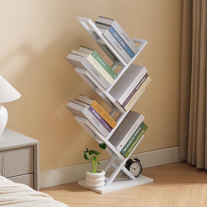 5 Tier Tree Bookshelf, Floor Standing Bookshelf for Narrow Space,Storage Organizer Bookshelves for Books/CDs/Magazine, Bookcase with Shelves for Home Office, Living Room- White