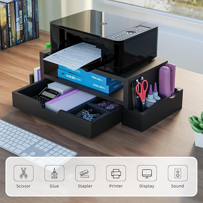 Simple Trending Monitor Stand Riser and Computer Wood Desk Organizer with Drawer and Pen Holder for Laptop, Computer, iMac, Black