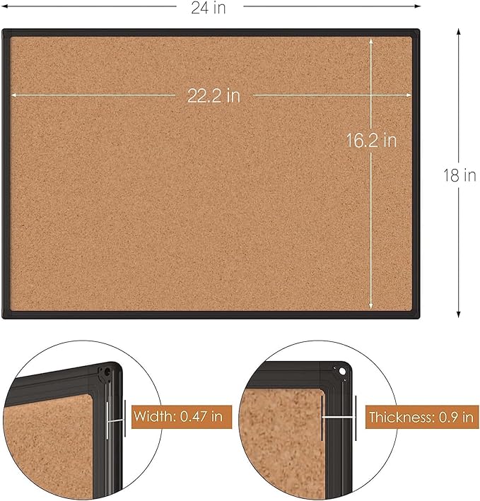 Board2by Cork Board Bulletin Board 24 x 18, Black Aluminium Framed Corkboard, Office Board for Wall Cork, Large Wall Mounted Notice Pin Board with 16 Push Pins for School, Home & Office