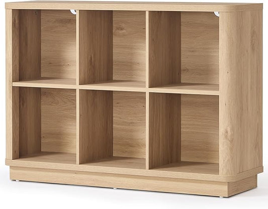 6 Cube Storage Book Shelf, 40" Wide Low Horizontal Bookcase with Curved Edge, Floor Standing 2-Tier Wooden Bookshelf with Base, Modern Short Book Case for Bedroom, Study, Entryway, Natural Oak