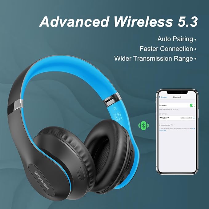 Wireless Bluetooth Headphones Over Ear 65H Playtime HiFi Stereo Headset with Microphone and 6EQ Modes Foldable Bluetooth V5.3 Headphones for Travel Smartphone Computer Laptop