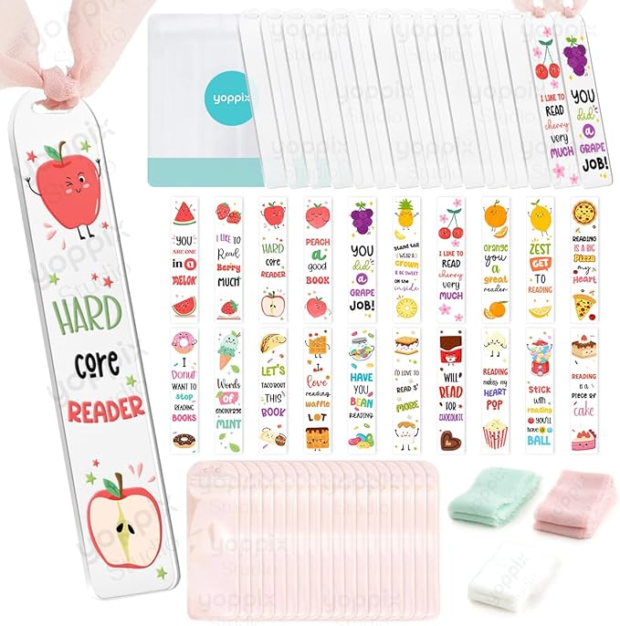15 Pieces Acrylic Bookmark Blanks (3mm) Thicken Bookmark Making Kit with 20 Pcs Fruit UV DTF Sticker, 15 Pcs Ribbon, Suitable for DIY Your Crafts Gifts