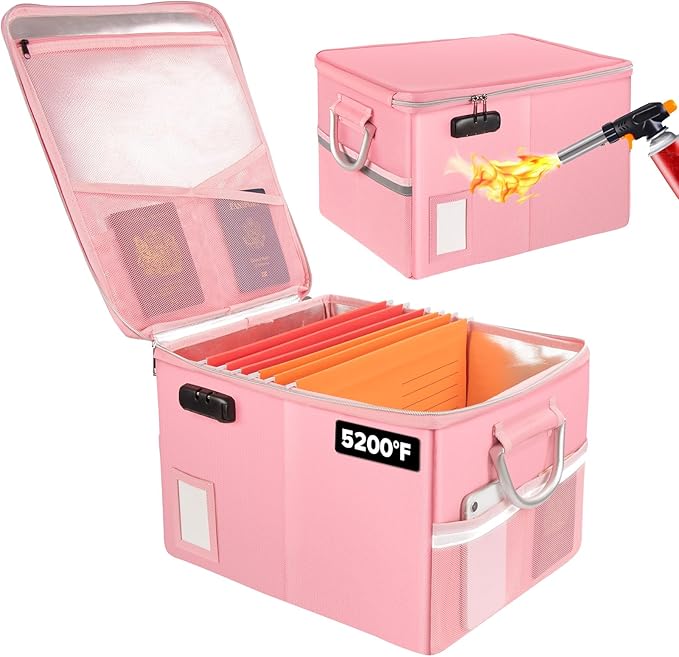 TOMKID 5200°F Fireproof Document Box, Fire Important Document Organizer with Lock, Upgraded Heat Insulated Filing Storage Cabinet Office Organization (5200°F Fireproof Box, Pink)