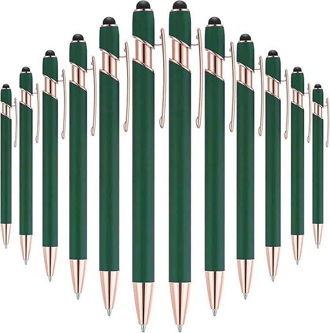 Tenare 12 Pieces 2 in 1 Stylus Metal Ballpoint Pen with Stylus Tip, 1.0 mm Black Ink Ballpoint Pen for Touch Screens(Green and Rose Gold)