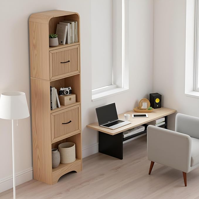 70" Tall Arched Bookcase and Book Shelf, Narrow Bookshelf with Drawers, Modern Wooden Bookshelves w/Adjustable 2 Bins Storage, Skinny bookshelf w/Open Display Shelves for Living Room, Office, Oak