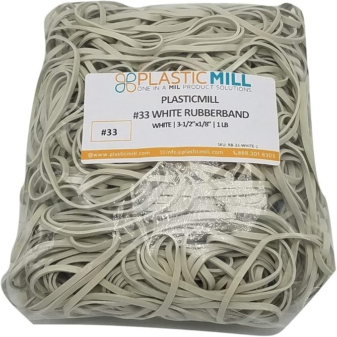 PlasticMill White Rubber Bands Size 33 (3 1/2" x 1/8") - #33 Rubber Bands Office Supplies - Strong, Elastic Bands for Crafts, Balloon Garland, Cash, File Folders (500-Pack)