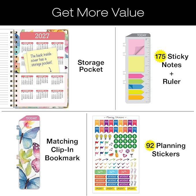 HARDCOVER 2026 Planner, 5.5"x8": 14 Months (November 2025 - December 2026), Daily Weekly Monthly Planner, Yearly Agenda, Bookmark, Pocket Folder and Sticky Note Set (Watercolor Butterflies)