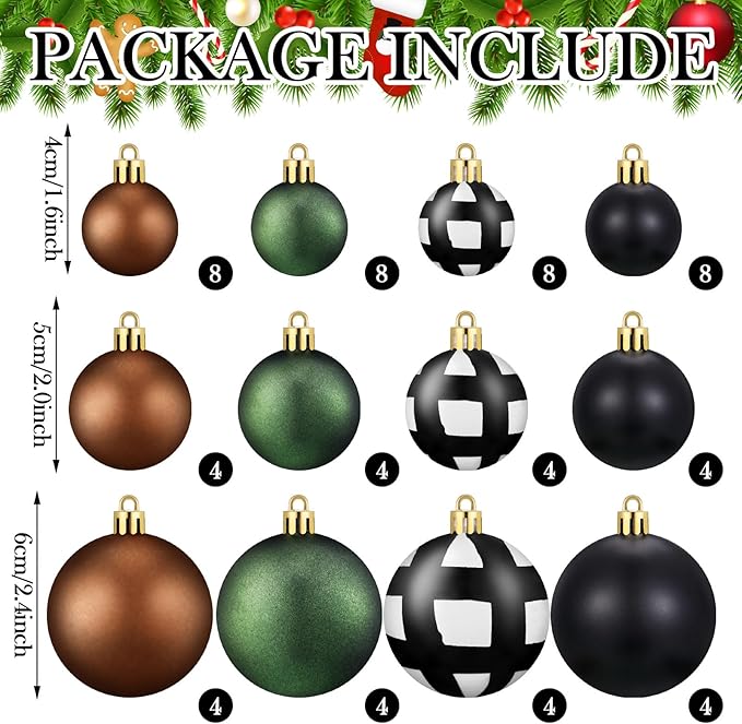 64 Pcs Neutral Christmas Ball Ornaments Bulk Matt Glitter Check Brown Green Black Xmas Bulbs Ornaments 1.6/1.97/2.4 Inch Modern Christmas Decorations for Tree Holiday Indoor Wreath Home Decor