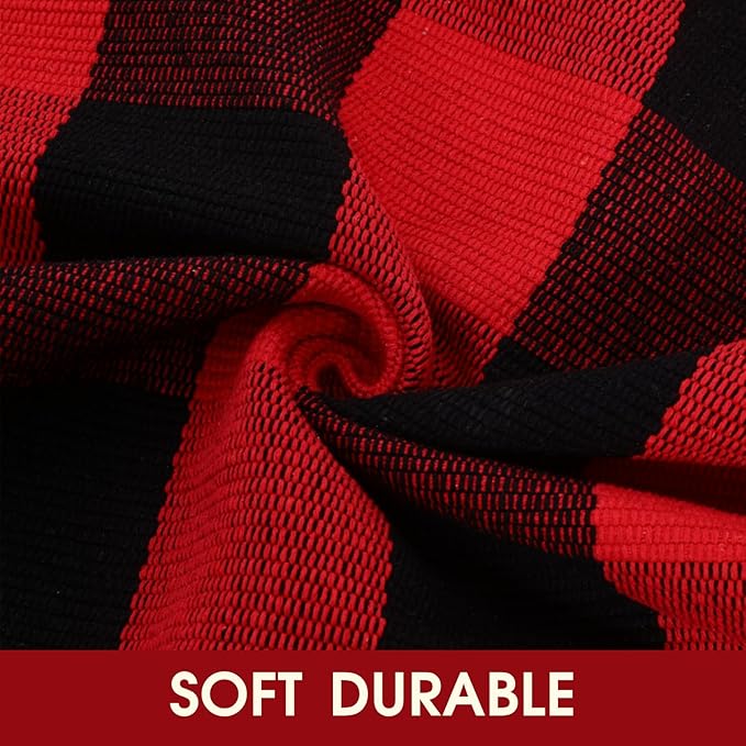 Christmas Red and Black Plaid Rug, 3' x 5' Cotton Hand-Woven Layered Door Mat for Front Porch, Entryway, Outdoor Holiday Decor, Washable Buffalo Check Rug for Home, Patio, Kitchen