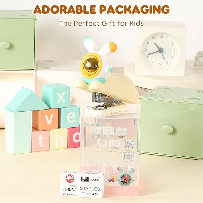 Honagu Cute Stapler, Cartoon Stereoscopic Silicone Stapler, Labor-Saving Office Supplies, Desktop Stationery Gift for Students Kids (Long Ear Milky White)