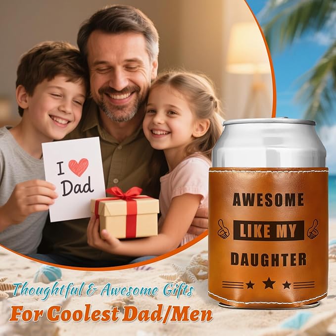 Funny Gifts for Dad from Daughter,Christmas Gifts for Men,White Elephant Gifts for Adults,Mens Birthday Gag Cool Retirement Gifts for Him Husband Grandpa,Leather Can Cooler Sleeve Holder for Soda