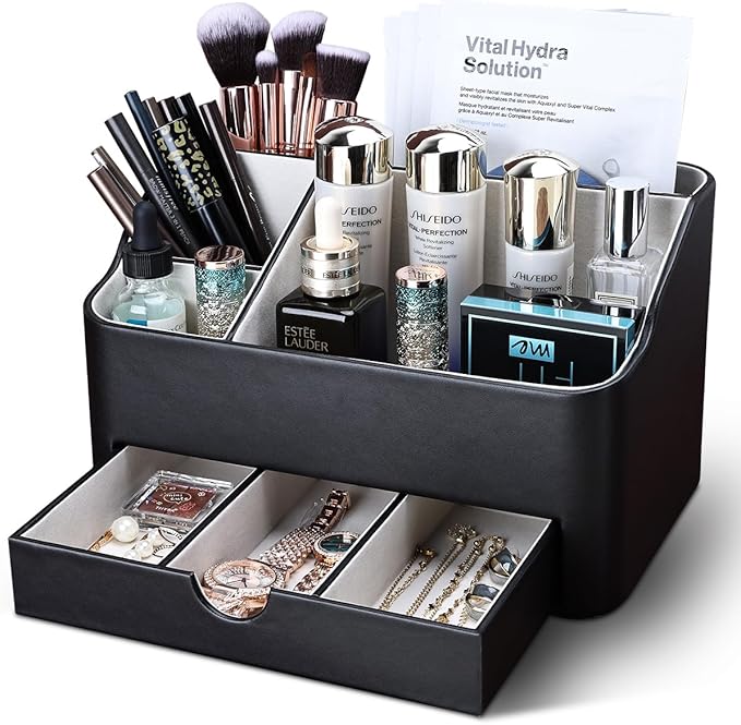 KINGFOM Desk Organizer with Drawer, Multifunction Pencil Holder for Desk, Desk Organizer and Accessories 5 Comparetments for Home Office Supplies (Black)