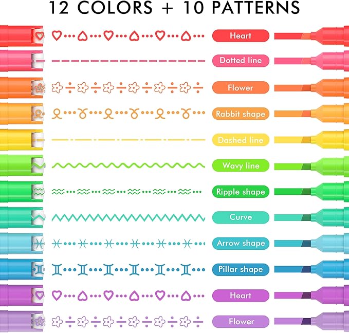 12 Colored Curve Highlighter Pen Set, 10 Different Shapes Dual Tip Marker Highlighters for Journaling Drawing Note Taking,Curve Highlighter pens for Planner Scrapbook School Supplies