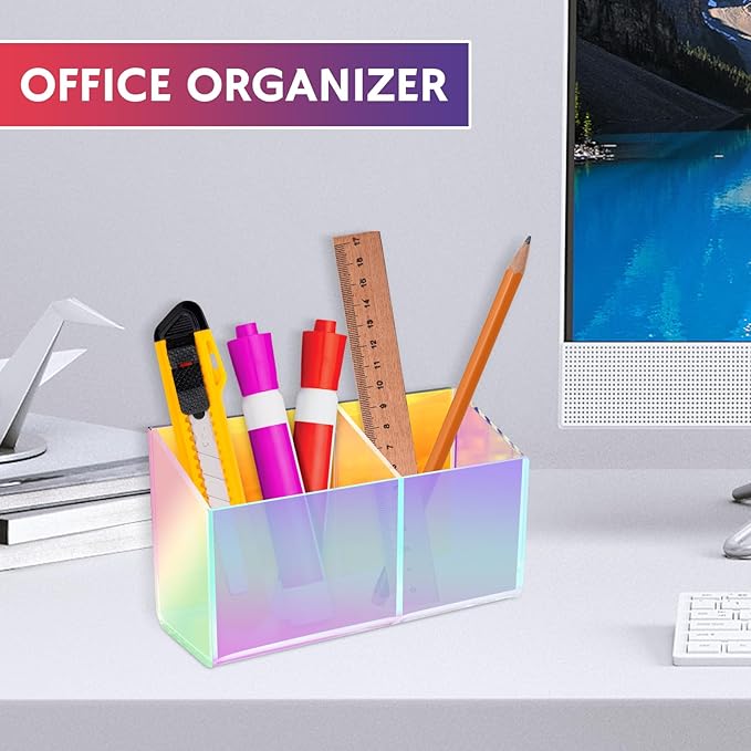 Magnetic Dry Erase Marker Holder for Whiteboard，Acrylic Magnetic Pen Holder for Fridge, 2 Compartments Whiteboard for Office, Home, Locker(Clear)-Colorful