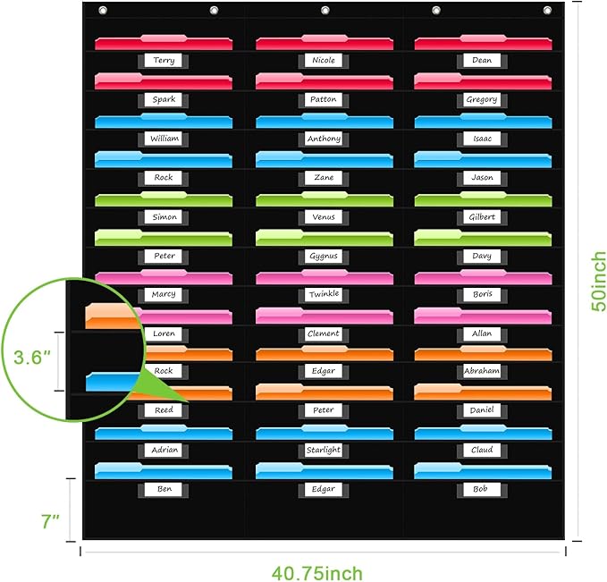 REGELETO 36 Pockets File Storage Pocket Chart with 36 Nametag Pockets, Hanging Wall File Organizer for Classroom and Office, Organize Your Assignments, Files, Scrapbooks, Paper (Black-36 Pockets)