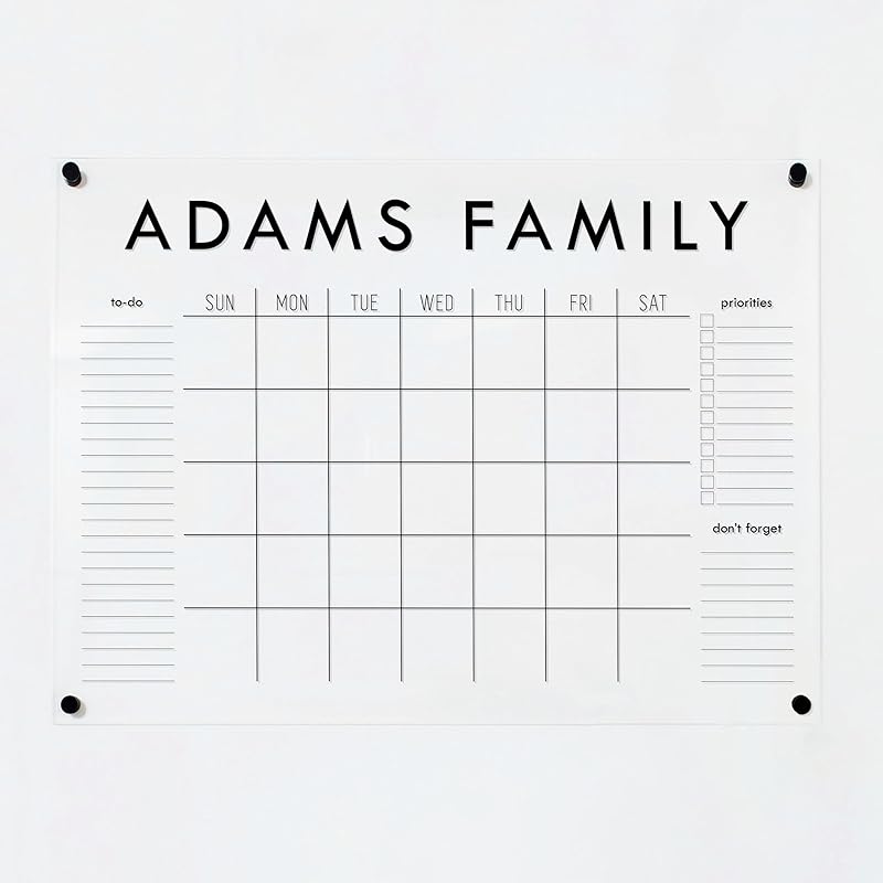Personalized Clear Acrylic Calendar for Wall, Calendar Whiteboard for Wall, Dry Erase Wall Calendar, Wall Calendar Organizer System for Home (Block, Black, 31"W x 23"H)