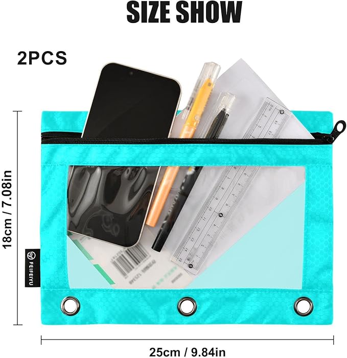 Gredecor Binder Pencil Pouch 3 Ring Cyan Zipper Pencil Pouches Case 2 Pack Clear Binder Organizer for School Office