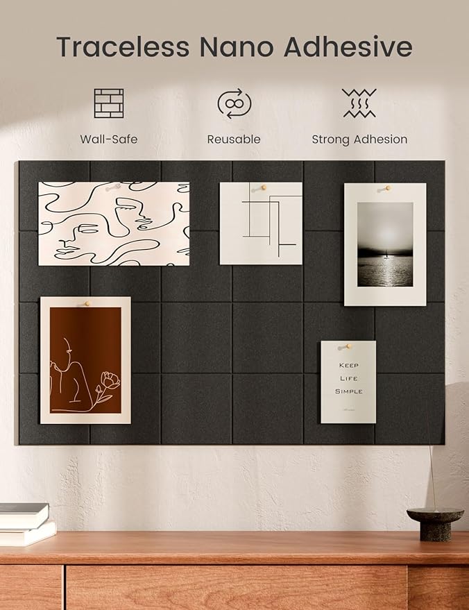 Bumusty Large Cork Board Alternative-36 x24 Felt Bulletin Board Tiles, with 30 Pushpins, 40 Adhesive Tabs, 6-Pack Slat Wall Paneling, Cork Boards for Office Push Pin Board Felt Board-Black