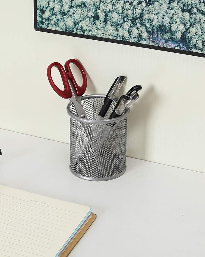 EasyPAG Round Mesh Pencil Holder 2 Pack Pen Holders Desk Pen Cups Organizer for Home, School Office, Silver