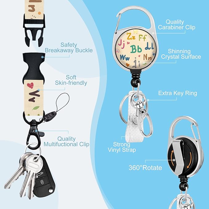 Gctriki Teacher Lanyards for ID Badges, Cute Retractable Badge Reel Heavy Duty with Carabiner Clip, English Letter ID Badge Holder with Lanyard, Retractable Keychain Name Badge Teacher Student Gifts