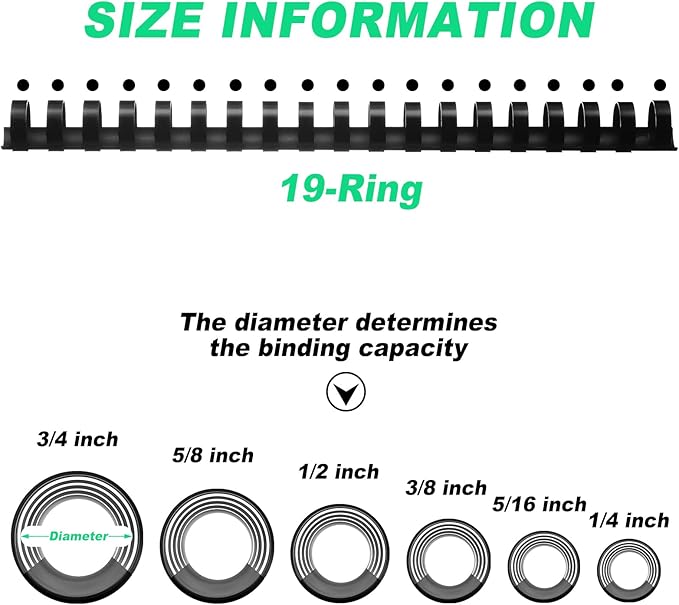 Yunsailing 150 Pack Plastic Binding Combs Plastic Binder Comb Ring 19 Ring Binding Spines Letter Size Spiral coils for Notebook Calendar(1/4 5/16 3/8 1/2 5/8 3/4 in,Black)