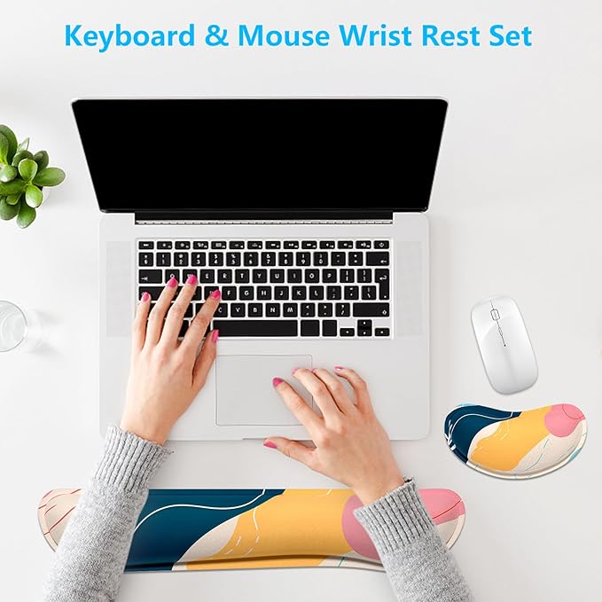 Dapesuom Enlarge Keyboard Wrist Rest, Memory Foam Wrist Cushion for Desk Mats Support, Cute Typing Pain Relief Keyboard Mouse Pad Rests Set with Non-Slip Base for Gaming Laptop Computer, Pink Abstract