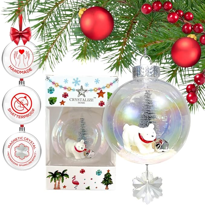 Polar Bear Christmas Ornament - Handmade Shatterproof Decorations for Indoor Outdoor Xmas Tree - Clear Ball Ornaments with Magnetic Crystal - Great Gift or Stocking Stuffer for Mom, Sister, Friend