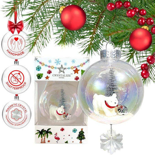 Polar Bear Christmas Ornament - Handmade Shatterproof Decorations for Indoor Outdoor Xmas Tree - Clear Ball Ornaments with Magnetic Crystal - Great Gift or Stocking Stuffer for Mom, Sister, Friend