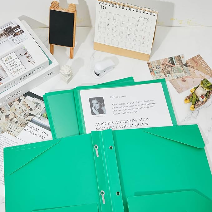 Henoyso 18 Pcs Plastic Folder with Clear Front Pocket and 3 Prong Plastic Folders with Card Slot Pocket Folders with Prongs for School Office (Green)