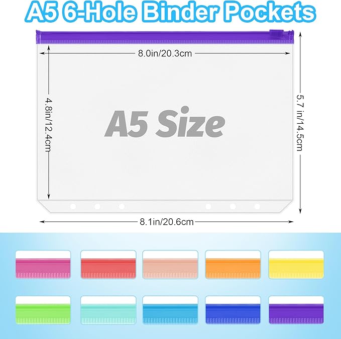 Antner 30PCS A5 Binder Pockets 6-Hole Cash Stuffing Envelopes for Money Saving, 10 Assorted Color Zipper Pouch Folders Budget Planner Inserts Loose Leaf Money Organizer Bags for A5 6-Ring Binder