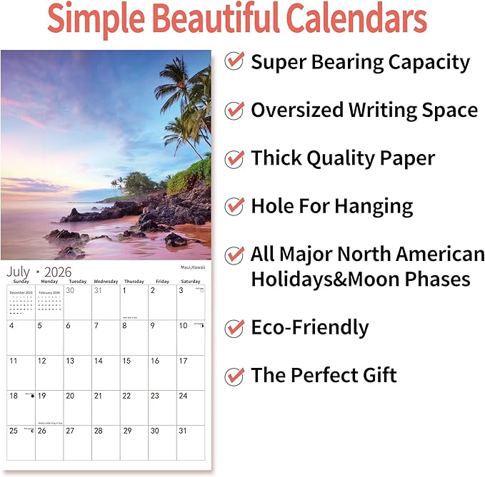 2025 Wall Calendar,Calendar 2026, July 2025 - December 2026, Wall Calendar Beaches, 12" x 24" Opened,Full Page Months Thick & Sturdy Paper for Calendar Organizing & Planning