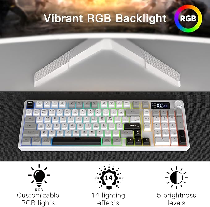 Wireless Gaming Keyboard with Smart Display & Knob Control, Tri-Mode BT5.0/2.4GHz/Type C RGB Backlit Computer Keyboards with Number Pad, 26-Key Rollover, Compatible for Windows, Mac