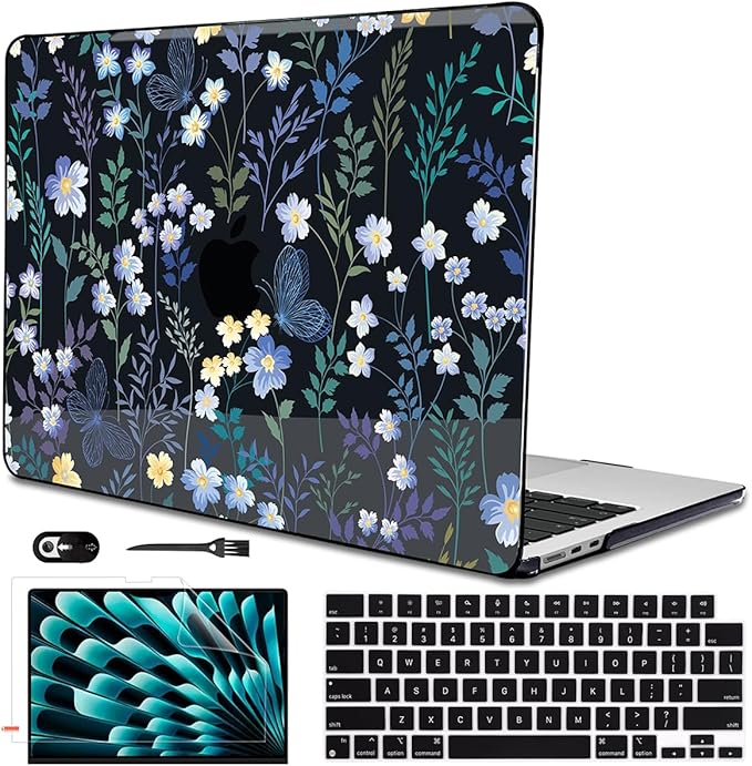 for MacBook Air 13.6 inch Case 2025 2024 2023 2022 Release Model A3240 M4 A3113 M3 A2681 M2, Printed Pattern Plastic Hard Shell for 2025 Mac Air 13.6 M4 Cover, Meadow Wildflower Black